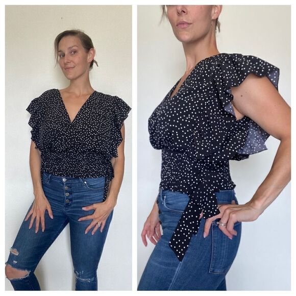 SHEIN Top Stretchy Polkadot Black White Smocked Side Tie 3X - Picture 4 of 13